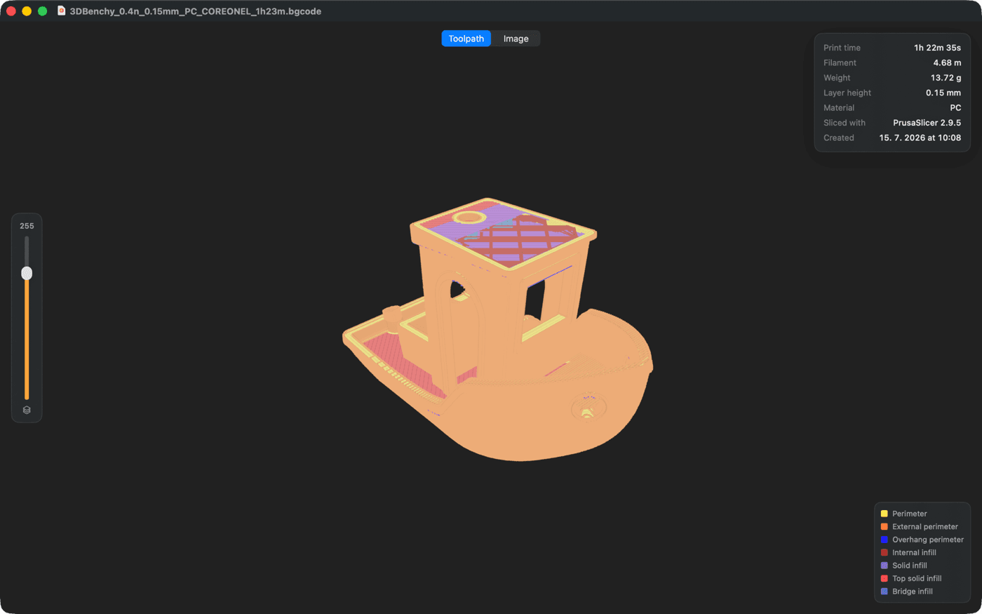 Preview3D colouring a G-code toolpath by what each line prints